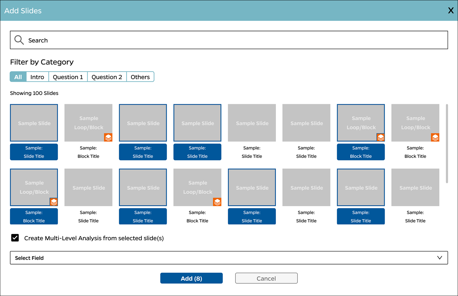 Adding slides to a presentation, with Multi-Level Analysis built into the same modal as a toggle