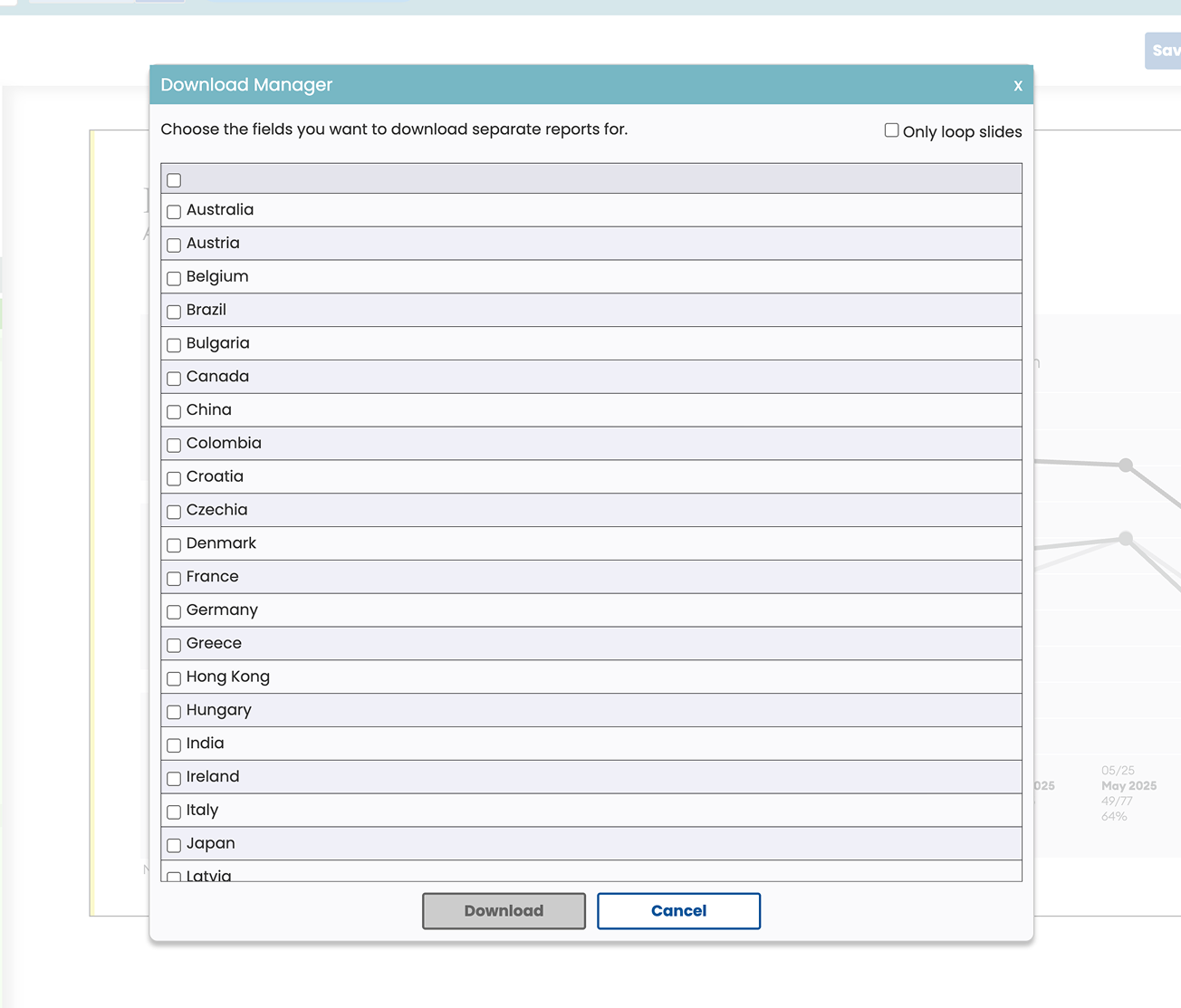 The shipped solution: a downloader modal for selectively excluding or isolating accounts