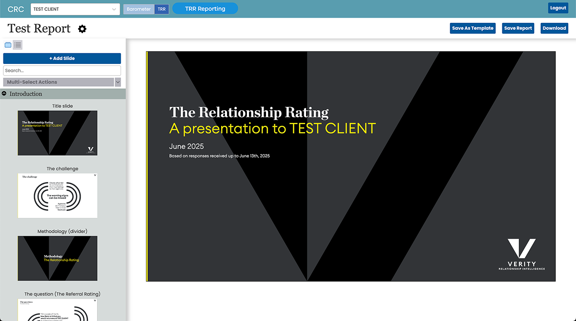 The SRP's reporting builder, generating a client-ready presentation from survey results